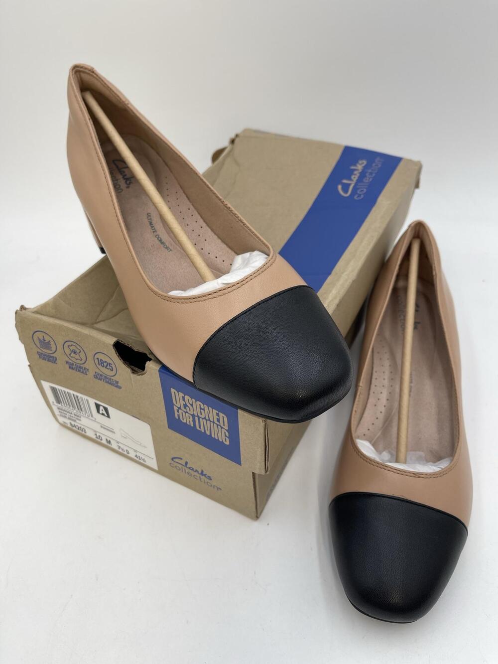 Clarks Iridessa May Beige Leather Cap Toe Pumps Womens Size 10M Block Heel Shoes